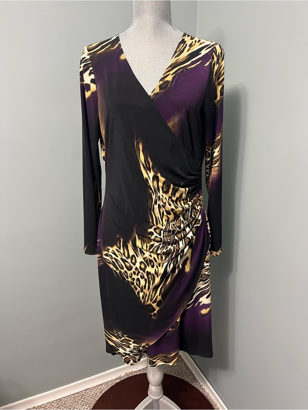 FRANK LYMAN DESIGN long sleeve animal print wrap dress women’s size 14 cocktail